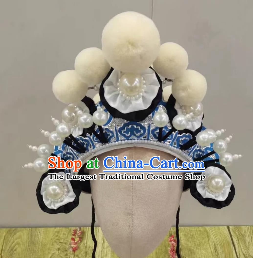Handmade Traditional Opera White Pompons Crown China Beijing Opera Wusheng Headpiece Chinese Beijing Opera Mourning Headgear