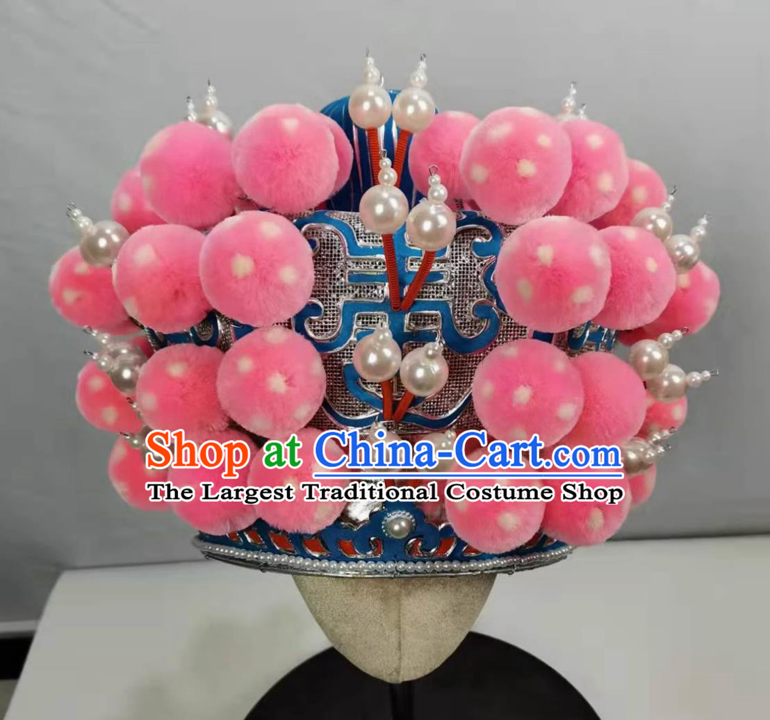 China Beijing Opera Hero Helmet Chinese Peking Opera Wusheng Headgear Handmade Traditional Opera Pink Pompons Hat