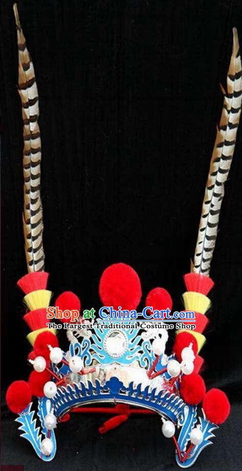 Chinese Peking Opera Headpiece Wusheng Headwear Beijing Opera Warrior Helmet with 60 cm Feathers Complete Set