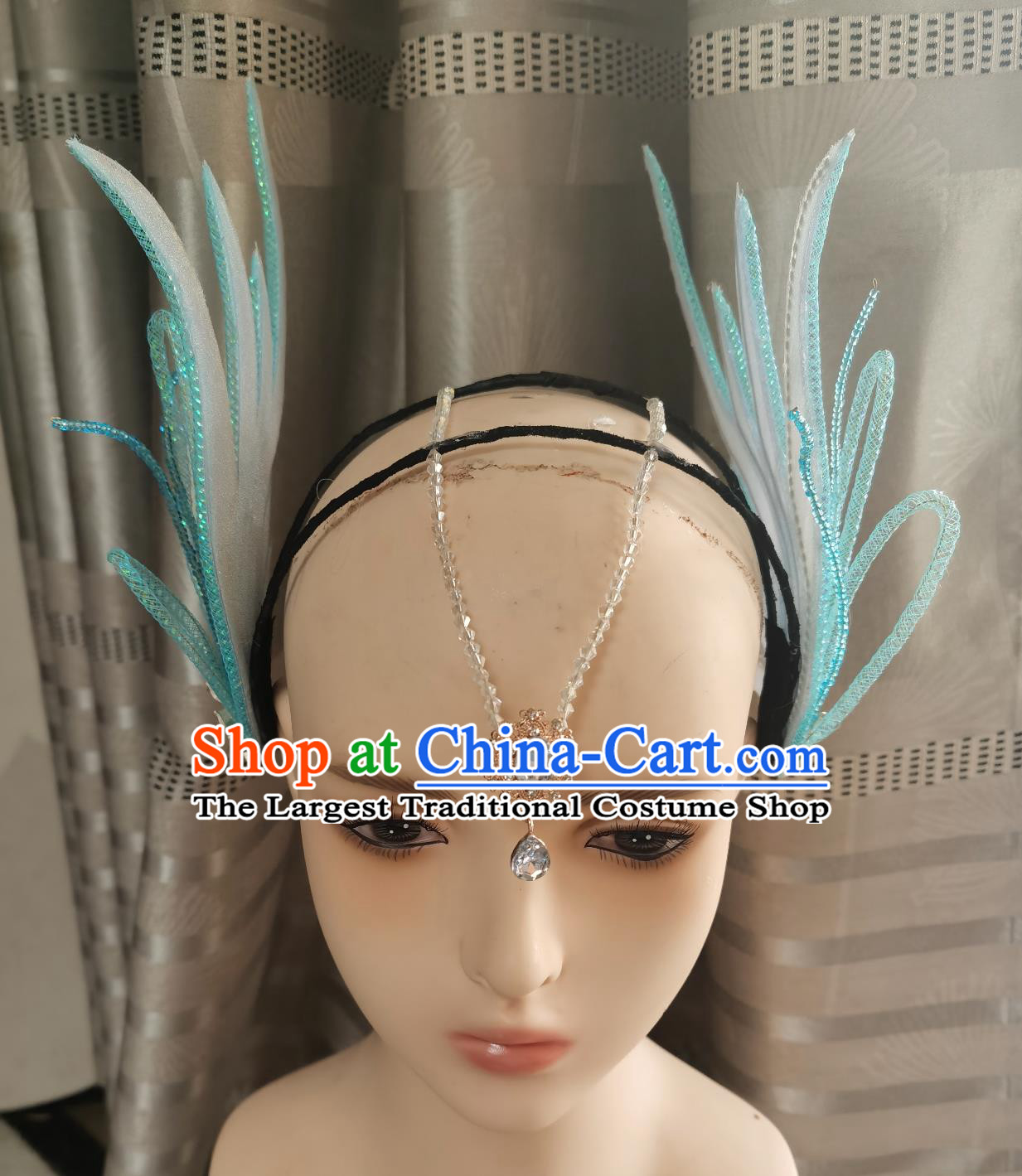 Chinese Spring Festival Gala Opening Dance Blue Hair Stick Classical Dance Headpiece Handmade Folk Dance Headdress