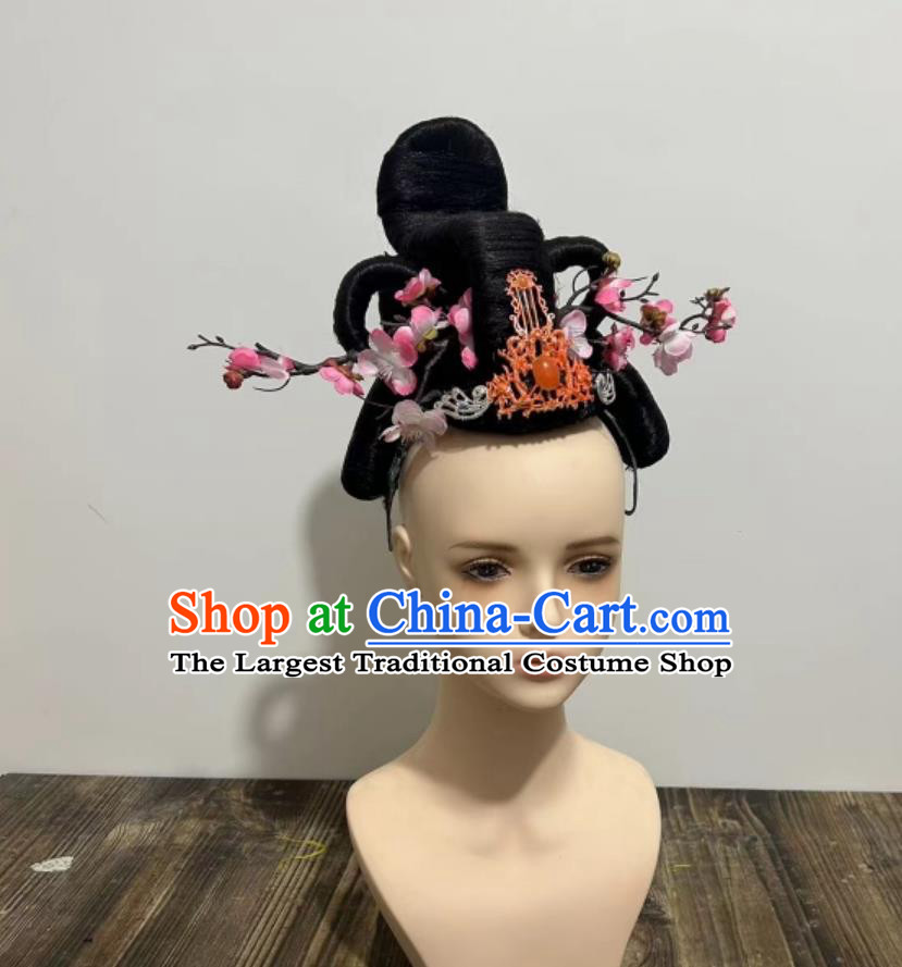 Chinese Han Tang Dance Wig and Peach Blossom Hair Jewelries China Classical Dance Headpieces Handmade 12 Goddesses of Flowers Headdress