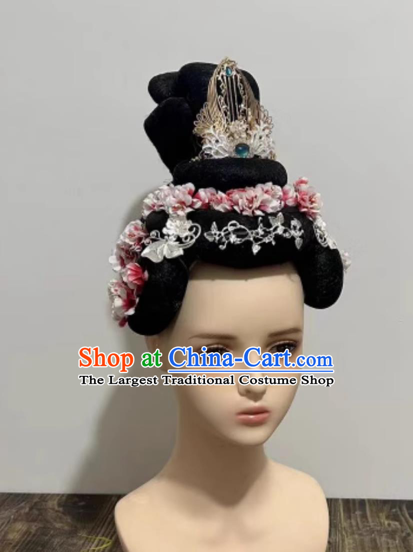 China Classical Dance Headpieces Handmade 12 Goddesses of Flowers Headdress Chinese Han Tang Dance Wig and Pink Hair Jewelries