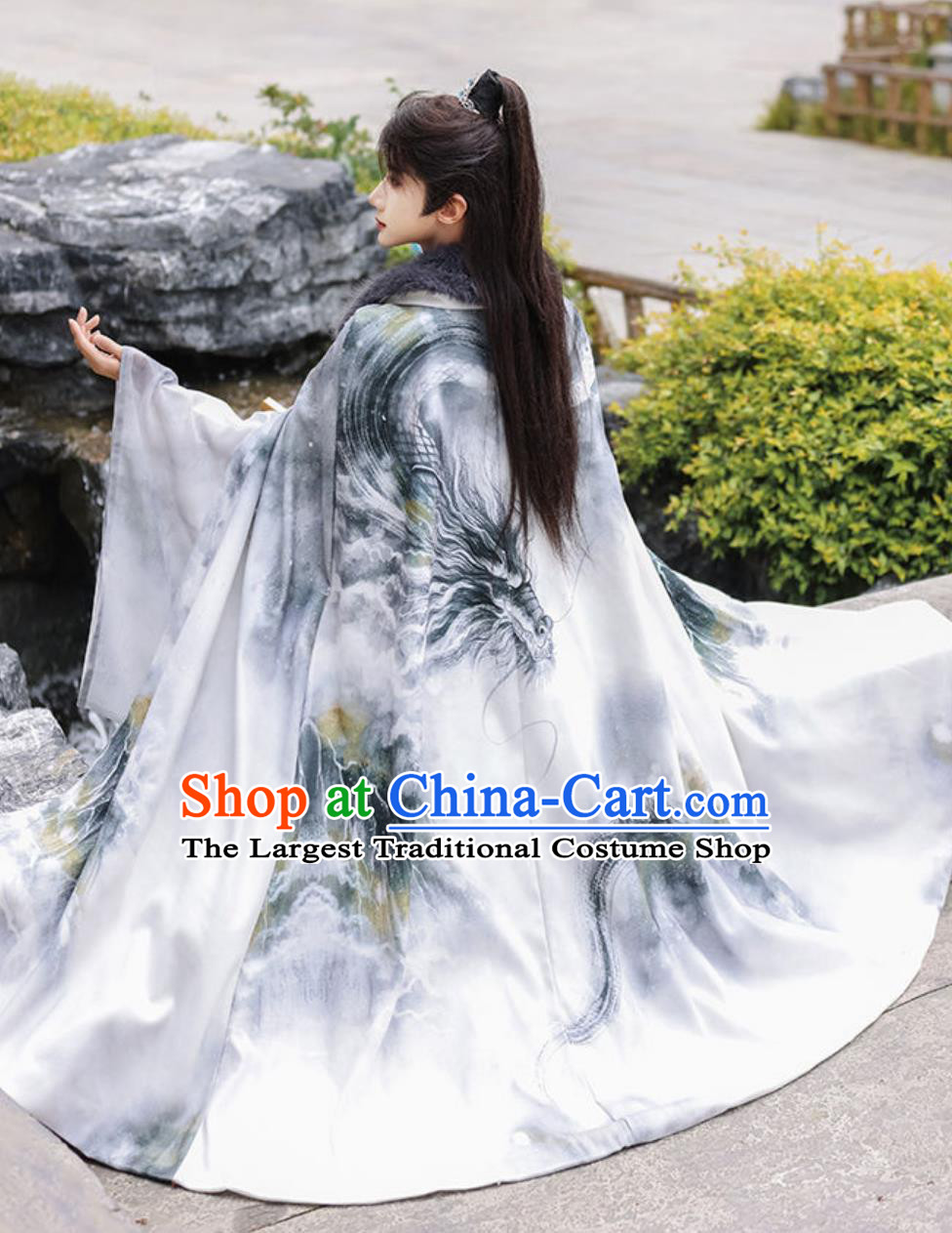 Mens Hanfu Cape Traditional Chinese Fur Collar Long Cloak Woolen Plush Print Mantle