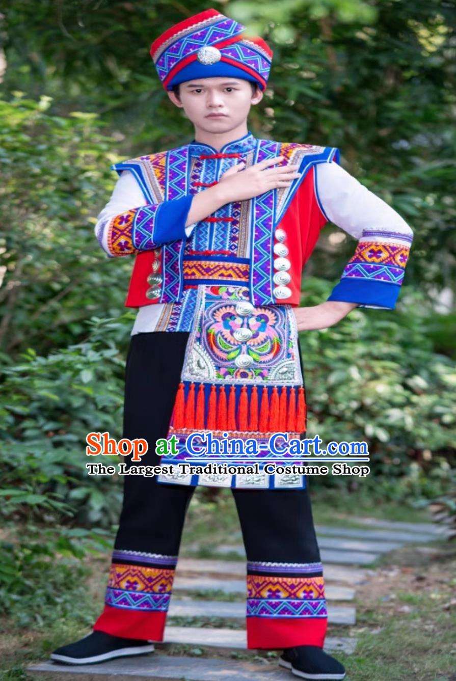 Chinese San Yue San Festival Minority Embroidered Performance Outfit Guangxi Zhuang Ethnic Male Costume