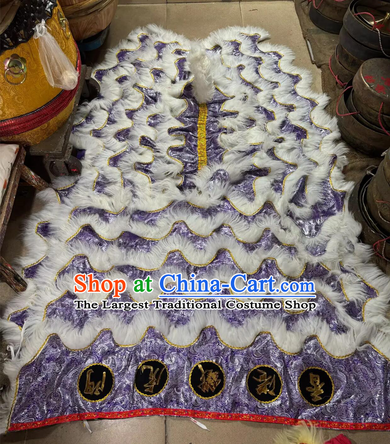 Purple Satin Chinese Lion Dance Tail and Pants Traditional Wool Lion Costumes Set
