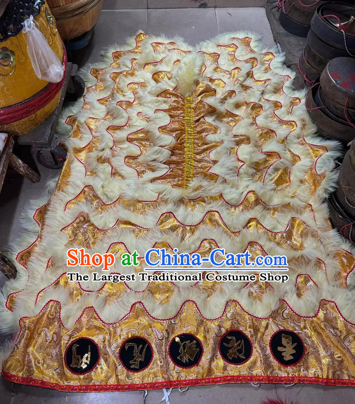 Golden Satin Traditional Wool Lion Costumes Chinese Lion Dance Tail and Pants Set