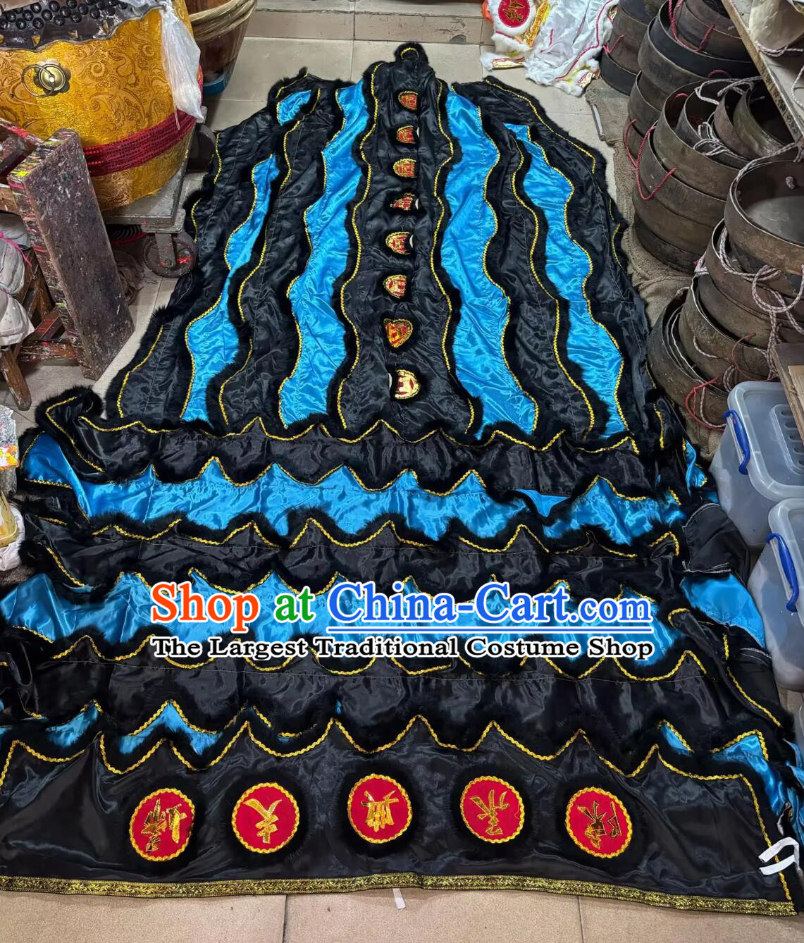 Black and Blue Traditional Lion Dancing Costumes Chinese Lion Dance Tail and Pants Set