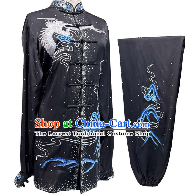 Wushu Competition Black Uniform Chinese Martial Arts Performance Clothing Embroidery Crane Starry Sky Diamonds Tai Chi Suit