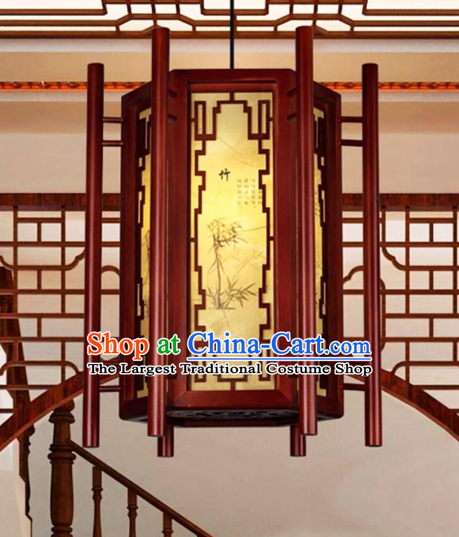 Chinese Pendant Light Fixture Antique Wood Palace Lantern Parchment Style Printing Bamboo Lamp