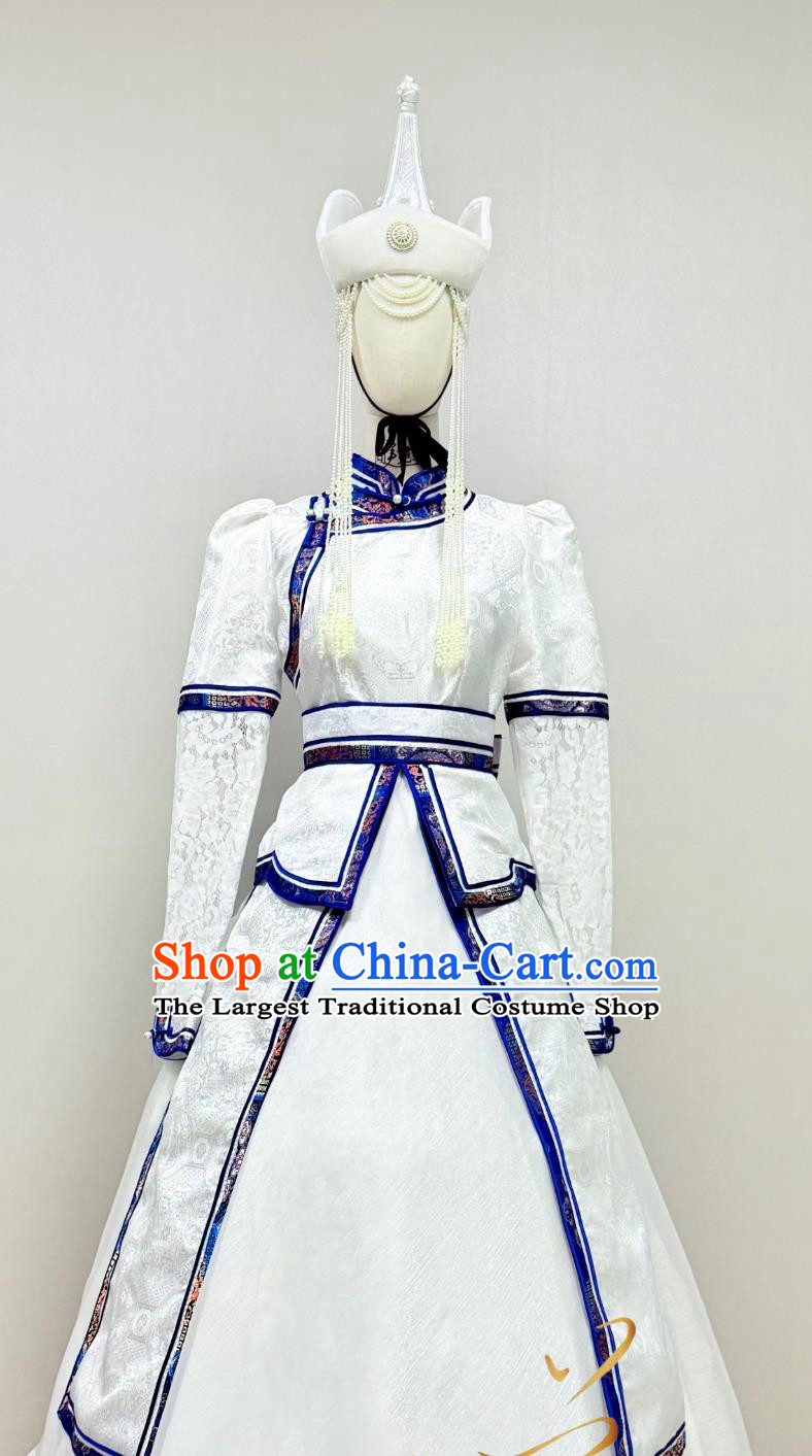 Mongolian Ethnic White Robe Female Embroidered Costume Chinese Fashion Show Singer Performance Attire