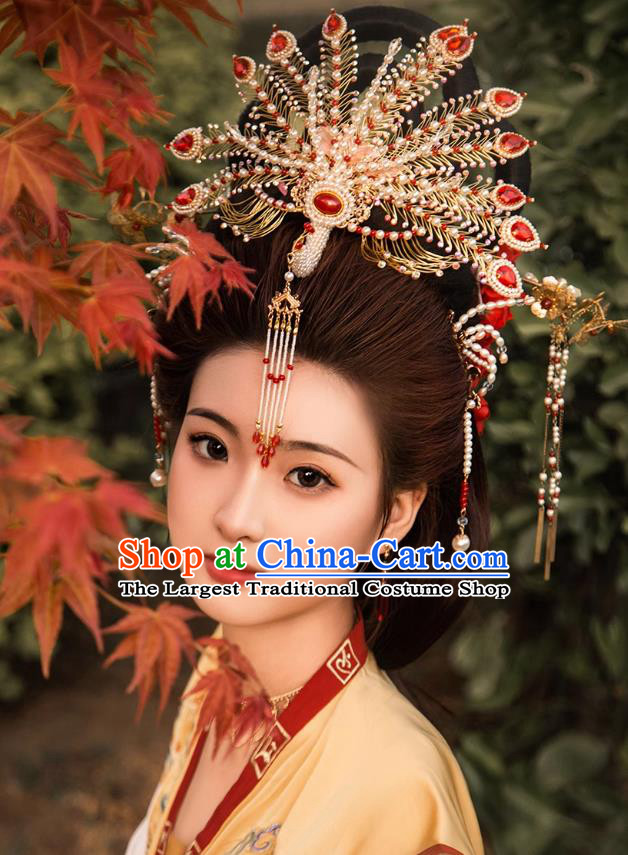 Chinese Wedding Headdress Hair Crown Golden Phoenix Hairpin Handmade Tang Dynasty Hanfu Hair Jewelry