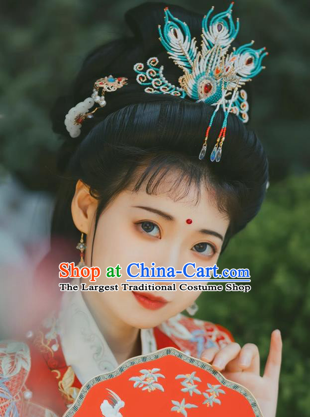 Handmade Blue Phoenix Hairpin Three Tail Rice Pearl Phoenix Crown Ming Dynasty Hanfu Accessory Ancient Chinese Wedding Headdress