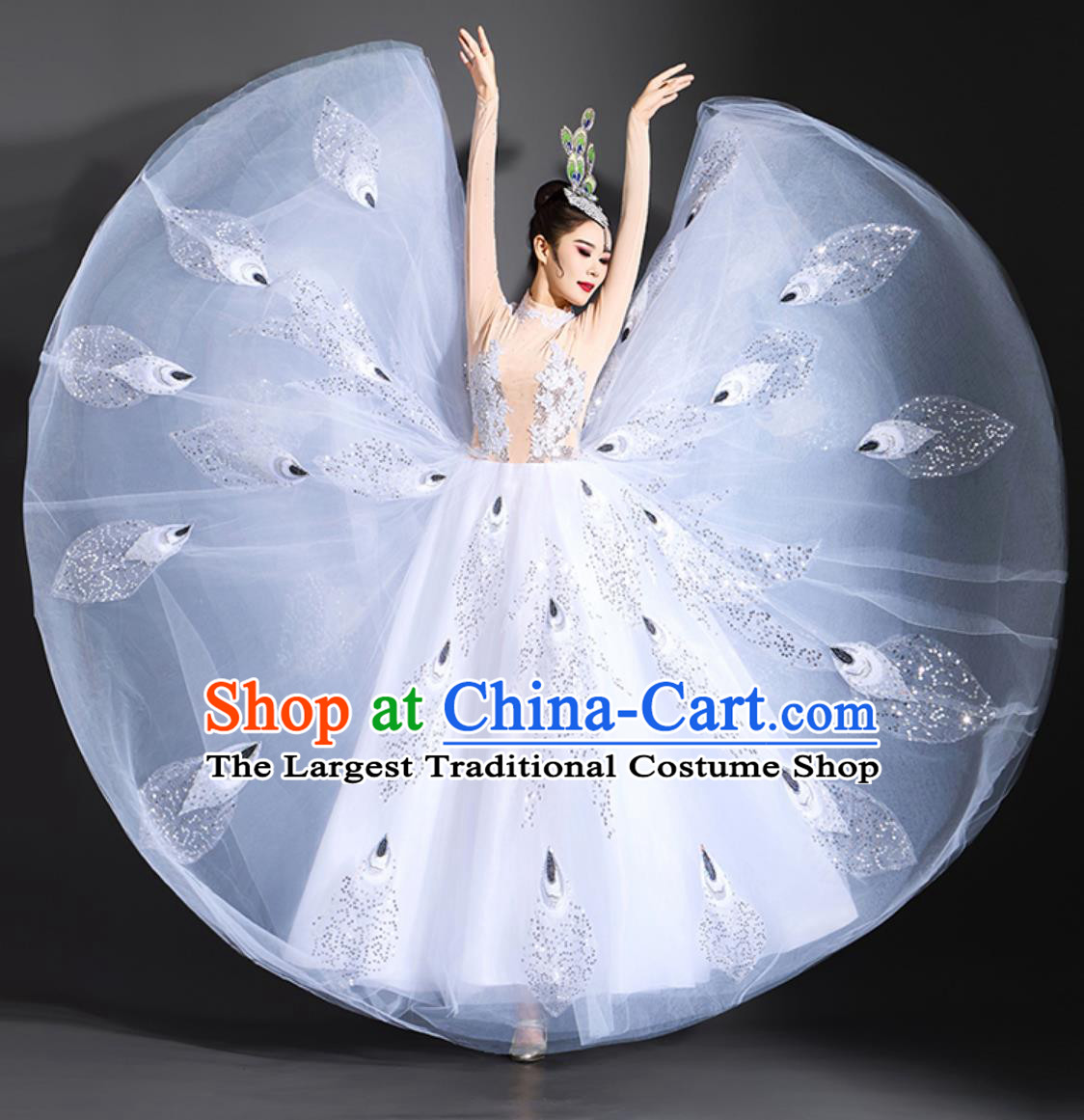Women Group Dance Clothing Peacock Dance White Dress Yang Liping Spirit Of The Bird Performance Costume