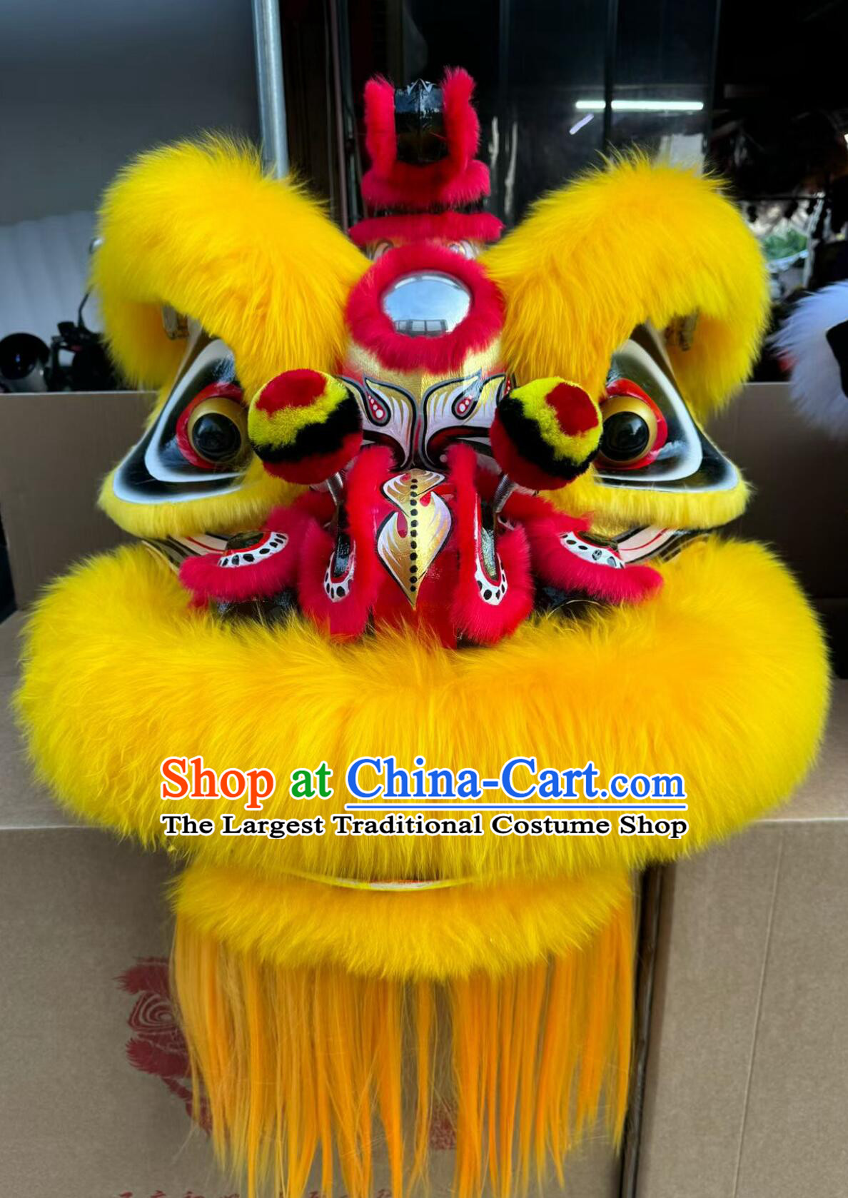 Yellow Wool Hok San Lion Equipment Handmade Dancing Lion Head Traditional Chinese Lion Dance Costume