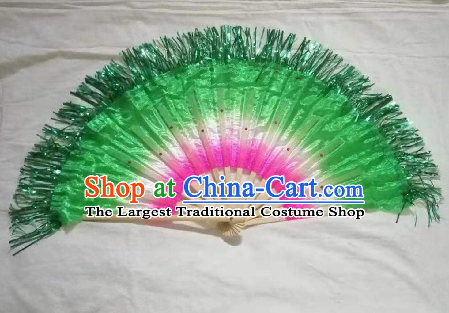 Green Fan Dance Prop Yangko Tassel Fan Square Dance Thread Fan Chinese Folk Dance Fan