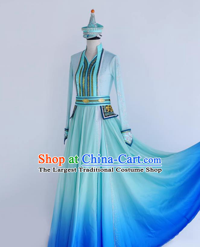 Ethnic Minority Mongolian Dance Costume Chinese Mongol Nationality Green Dress Gradient Stage Performance Clothing