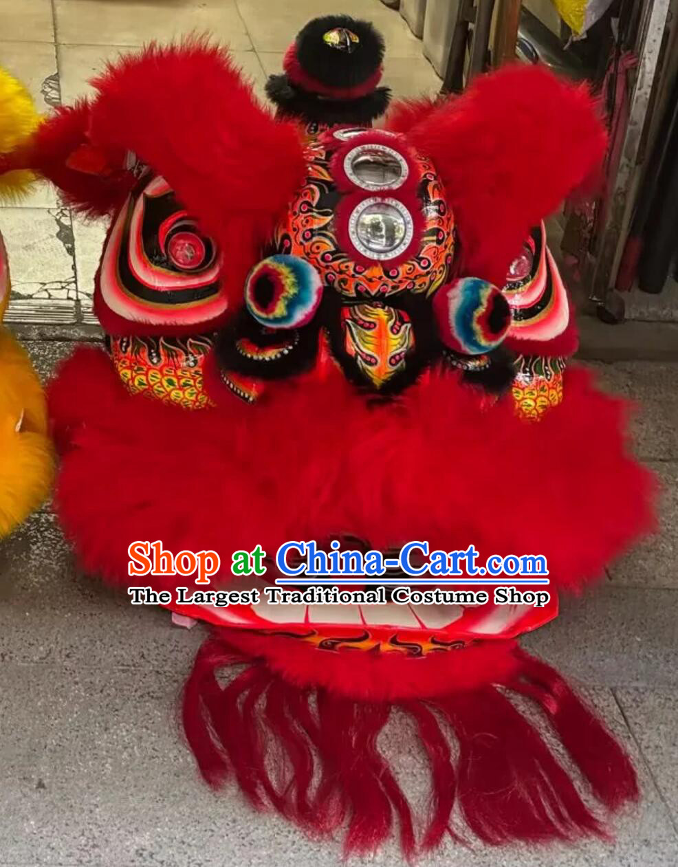 New Year Red Fur Dancing Lion Costume Hand Painted Lion Dance Head Traditional Chinese Festival Lion Dance Prop Complete Set