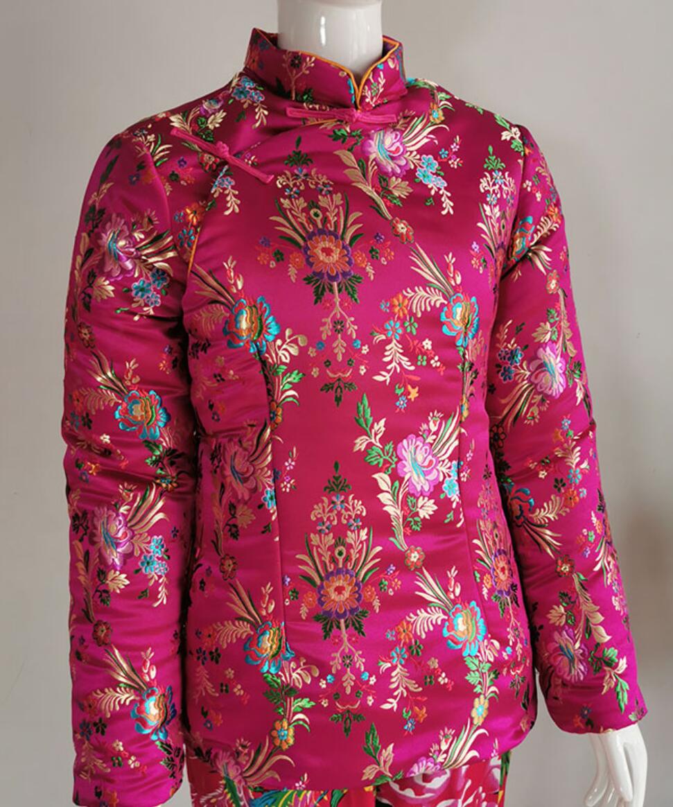 Top Handmade Thickened Tang Suit Stand Collar Coat Rosy Brocade Women Side Front Closure Cotton Padded Jacket