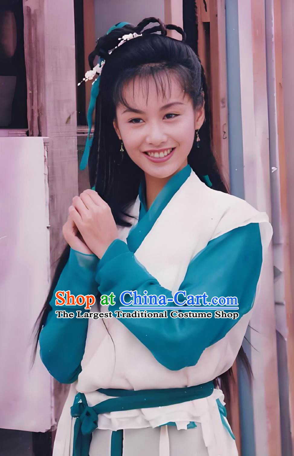 Chinese 1994 TV Series The Legend of the Condor Heroes Huang Rong Replica Costume Ancient China Swordswoman Blue Dress Traditional Hanfu