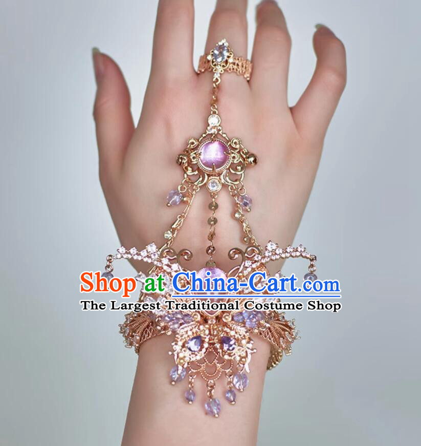 Traditional Chinese Hanfu Jewelry Ancient China Fairy Princess Purple Bracelet with Ring