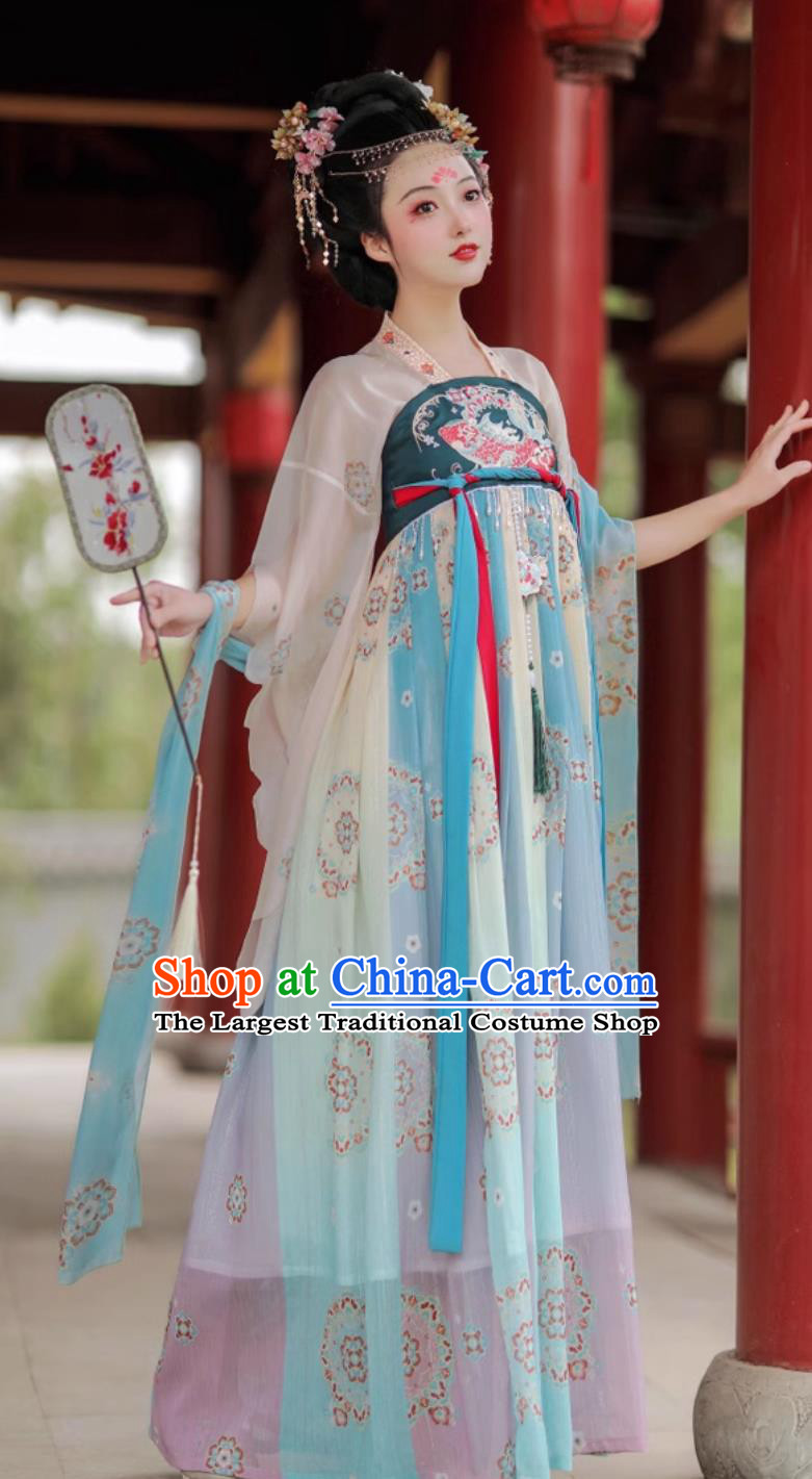 Twelve Flower Goddess Hanfu Chinese Tang Style One Piece High Waist Ruqun Blue Hezi Dress