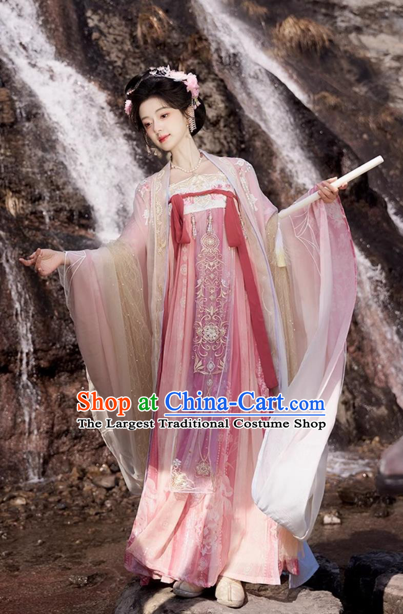 Chinese Hanfu Women Heavy Embroidery Wide Sleeve Gown Pink Hezi Dress Tang Dynasty Style Costumes Complete Set