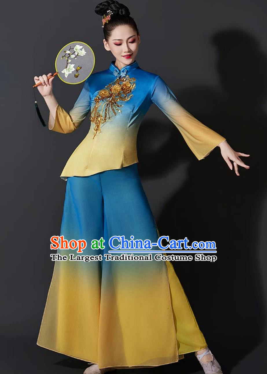 Chinese Yangko Dance Costume Fan Dance Performance Blue Outfit