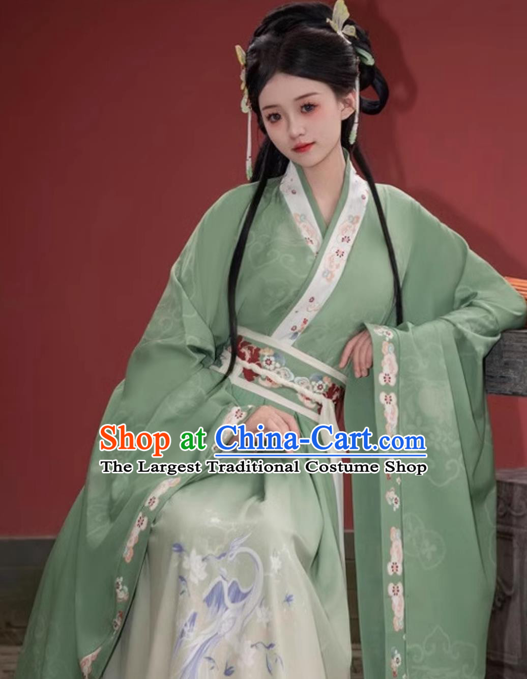 Hanfu Women Green Daxiu Shan Chinese Ancient Costume Cross Collar Wide Sleeves Robe