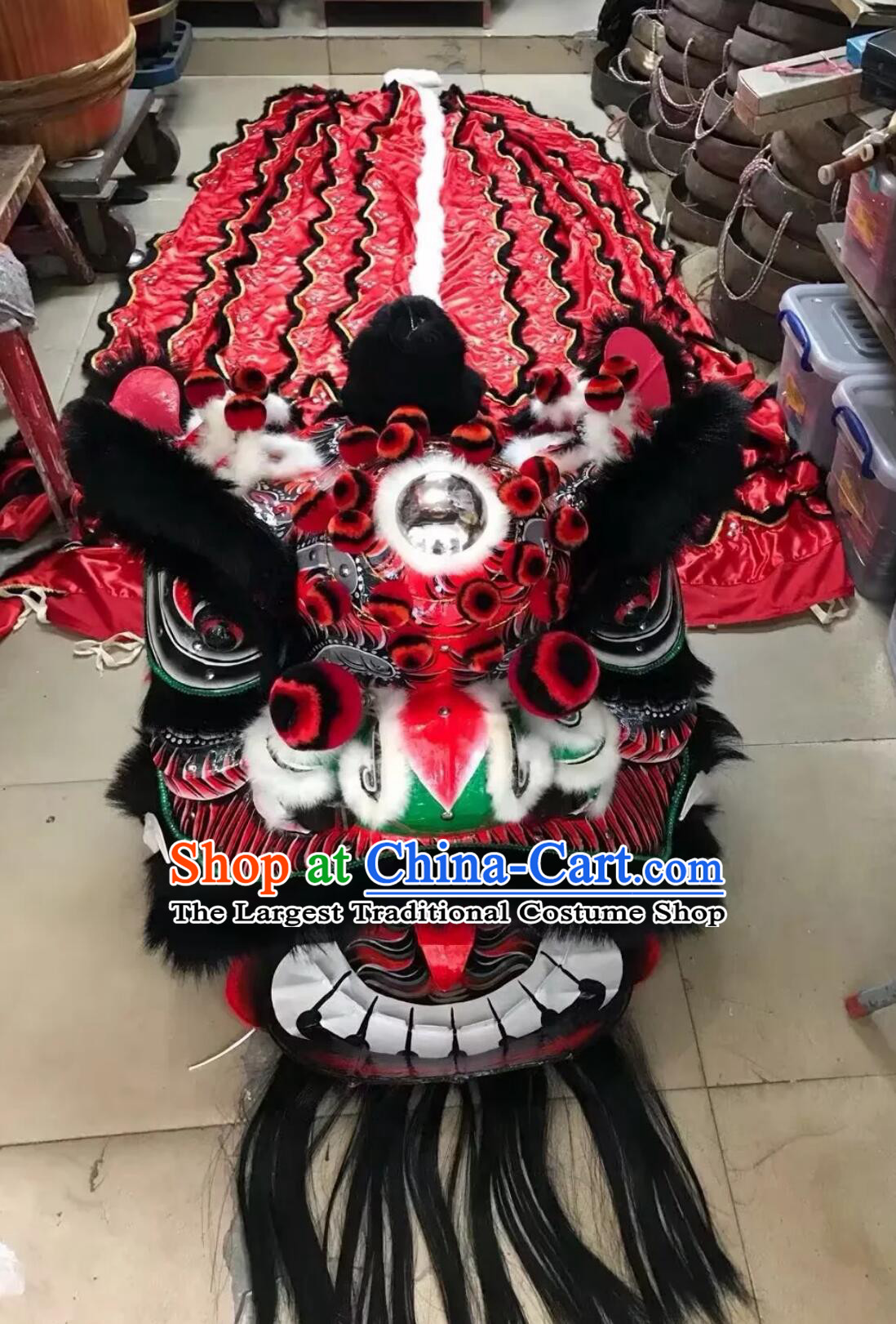 Top Black Fur Lion Dance Equipment Traditional Chinese Gwan Gong Dancing Lion Fut San Lion Head and Costumes Complete Set