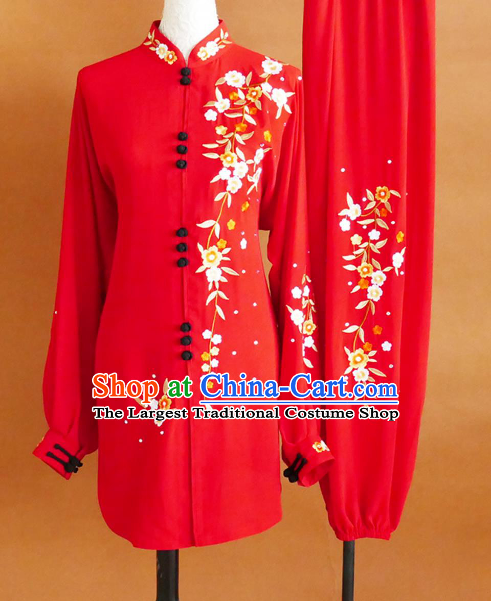 Taijiquan World Cup Red Small Flower Embroidery Tai Chi Suit Qigong Dance Outfit Tai Chi Competition Uniform