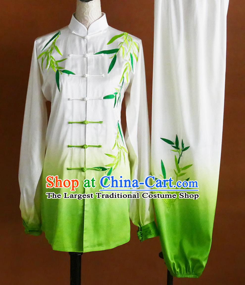 White Green Bamboo Embroidery Tai Chi Suit Ba Duan Jin Team Performance Competition Outfit Taijiquan World Cup Clothing