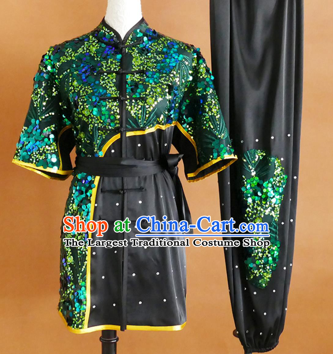 Black World Wushu Championships Clothing Sequins Applique Embroidery Changquan Uniform Wushu Competition Short Sleeve Outfit