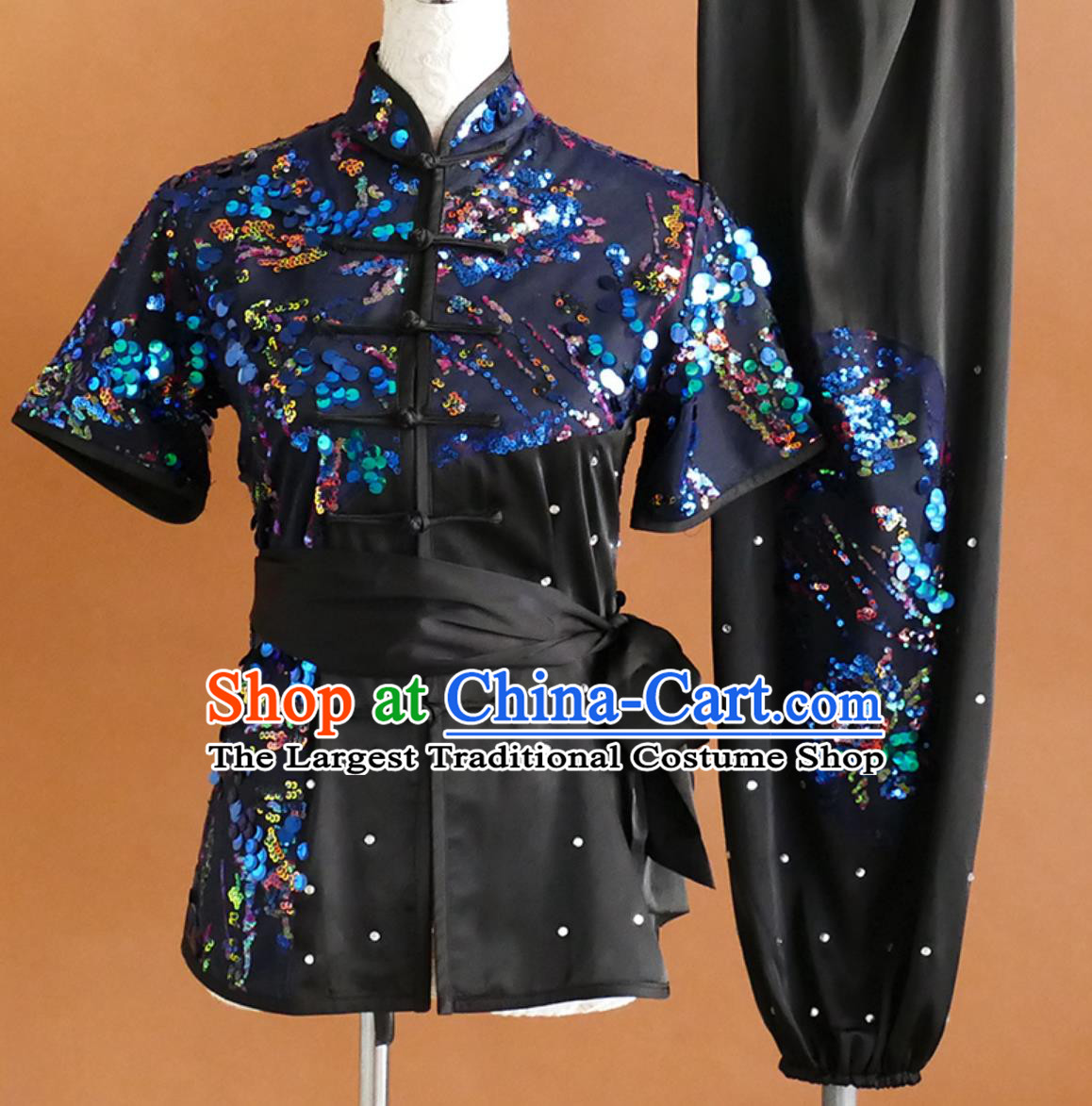 Top Embroidered Changquan Wushu Uniform Full Sequins Competition Outfit Kung Fu Exam Costume Martial Arts Performance Clothing