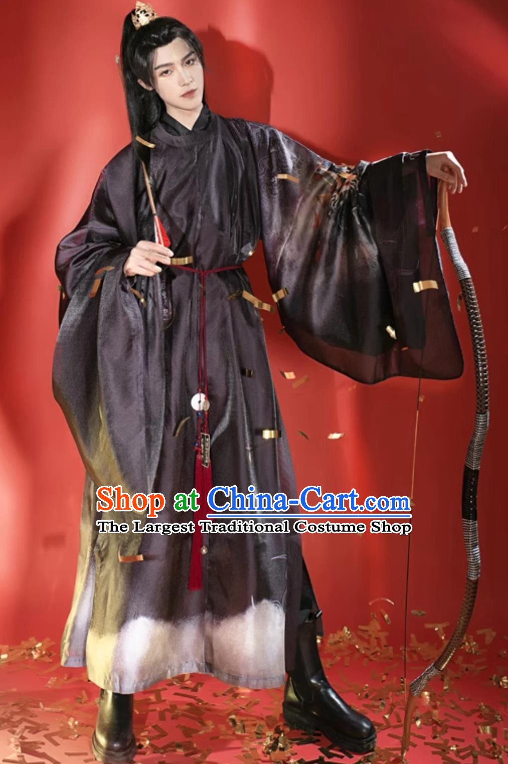 Chinese Hanfu Ming Dynasty Dark Black Round Collar Robe Traditional Xianxia Hero Clothing