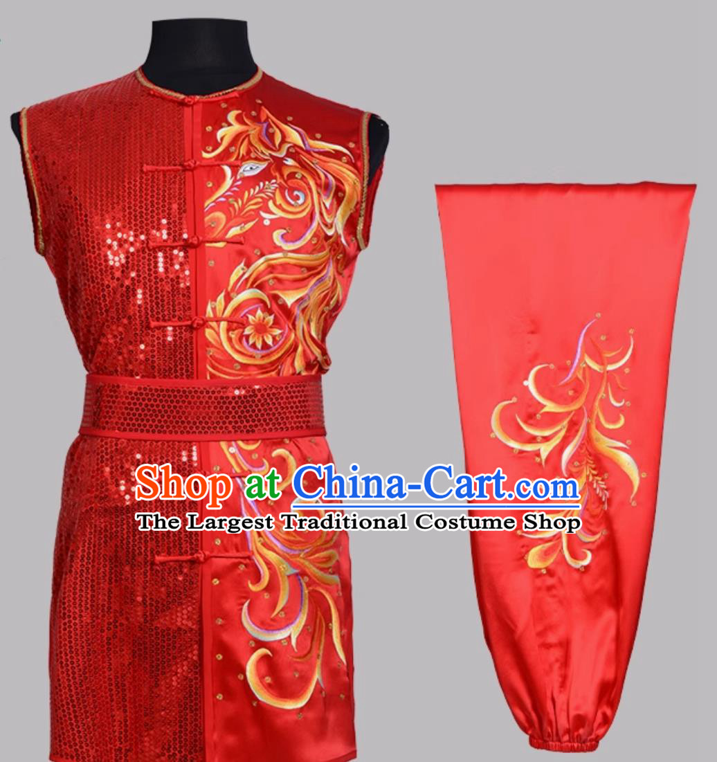 Red Pure Silk Embroidered Nanquan Competition Costume Performance Wushu Uniform Chinese Kung Fu Sleeveless Outfit