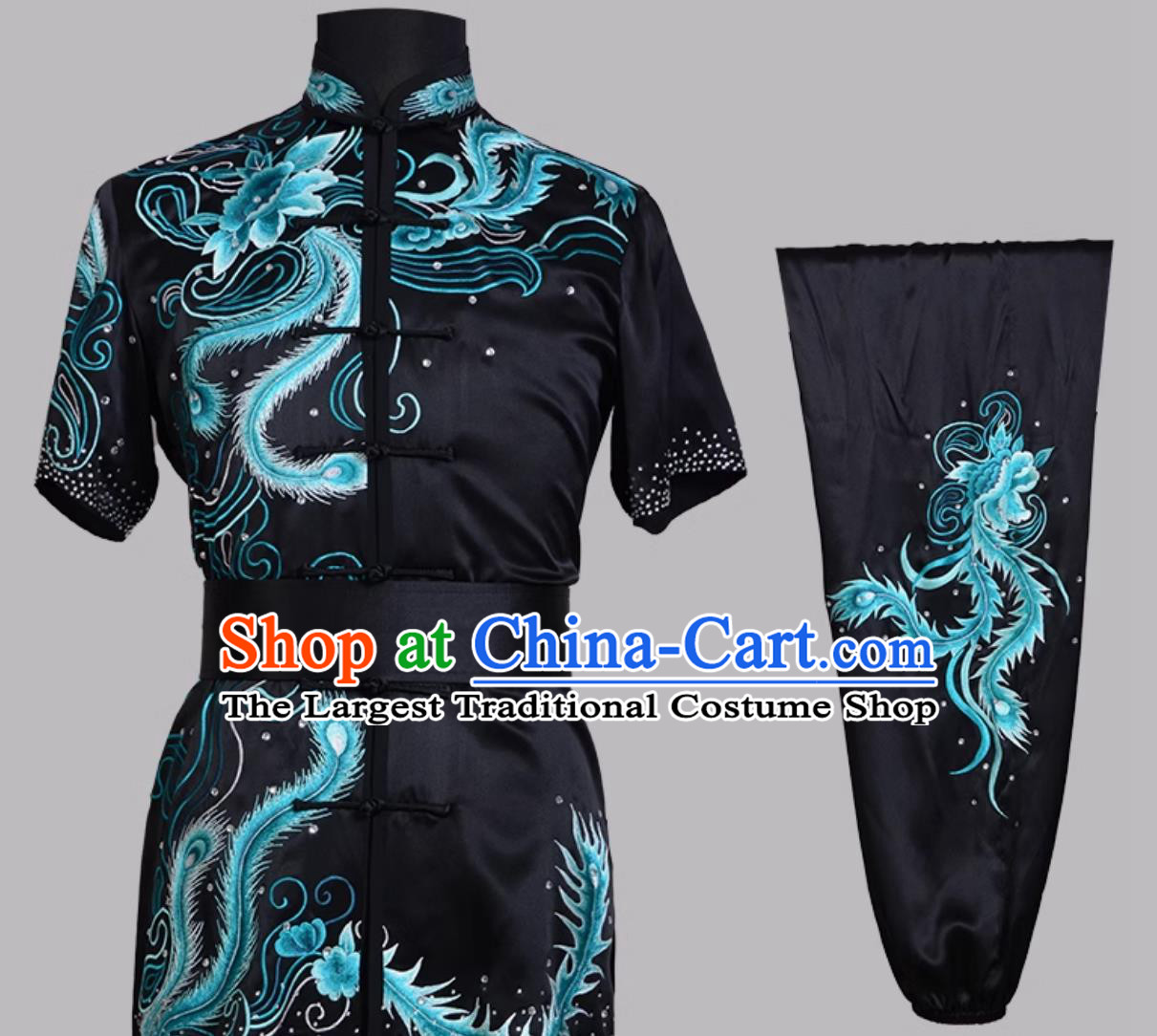 Black Pure Silk Embroidered Hand Pushed Embroidery Wushu Competition Performance Uniform Changquan Costume Martial Arts Costume