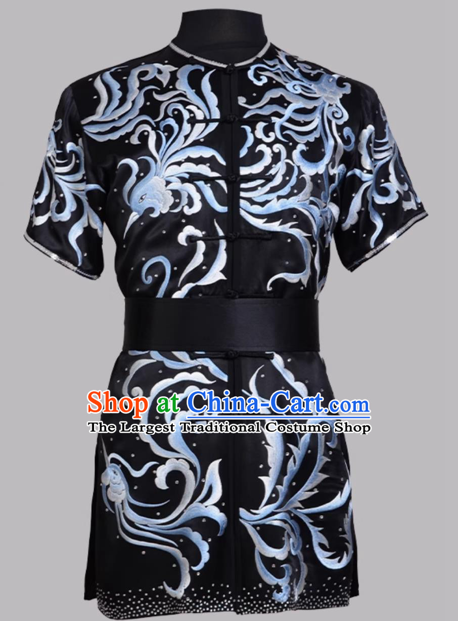 Black Pure Silk Martial Arts Clothing Embroidered Hand Pushed Embroidery Wushu Competition Performance Uniform Changquan Costume