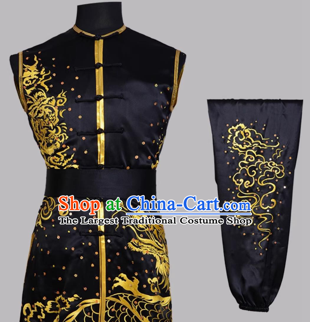 Pure Silk Hand Pushed Embroidery Dragon Tiger Nanquan Black Kung Fu Wushu Uniform Colorful Competition Men Outfit