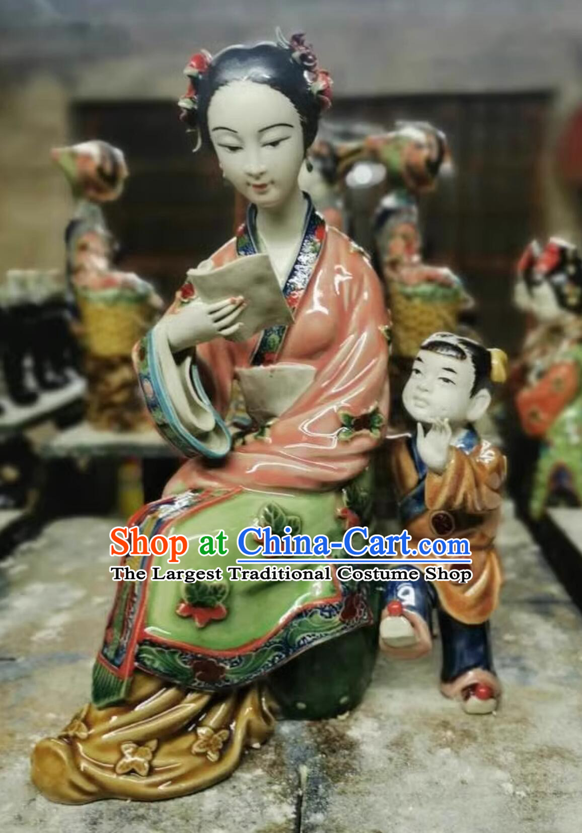 Chinese Shiwan Ceramics Statue Handmade Traditional Porcelain Artwork San Niang Educating Her Son