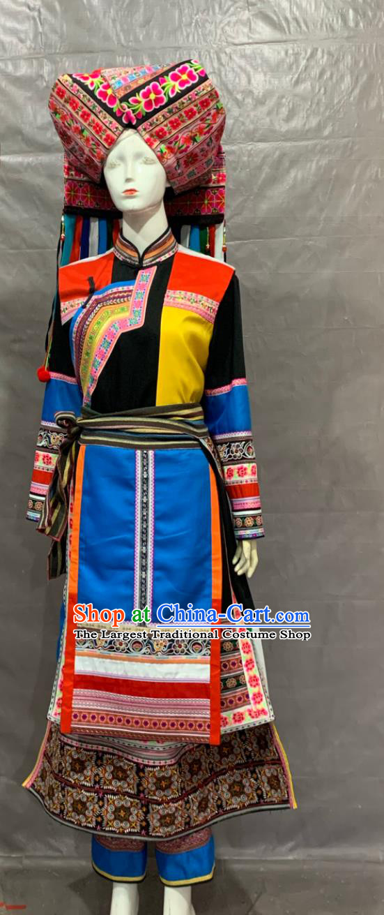 Lis Ethnic Adult Long Dress Performance Costume Embroidered 56 Chinese Ethnic Minorities Traditional Clothing Black Suit