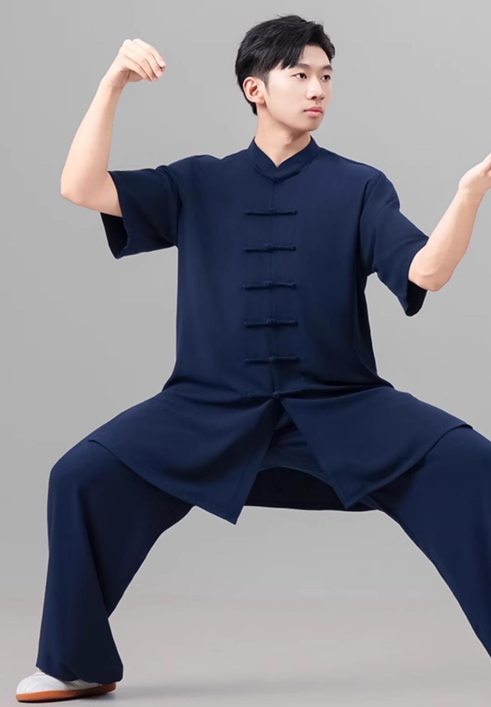 Chinese Style Men Tai Chi Suit Summer Short Sleeve Tai Chi Ba Duan Jin Training Navy Suit