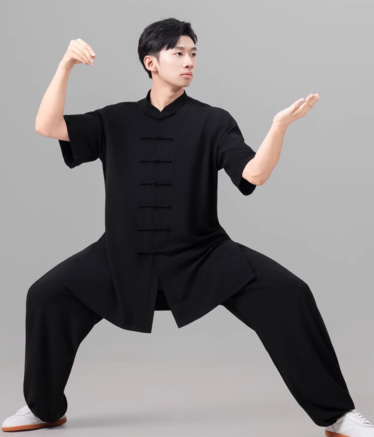 Black Chinese Style Men Tai Chi Suit Summer Short Sleeve Tai Chi Ba Duan Jin Training Suit