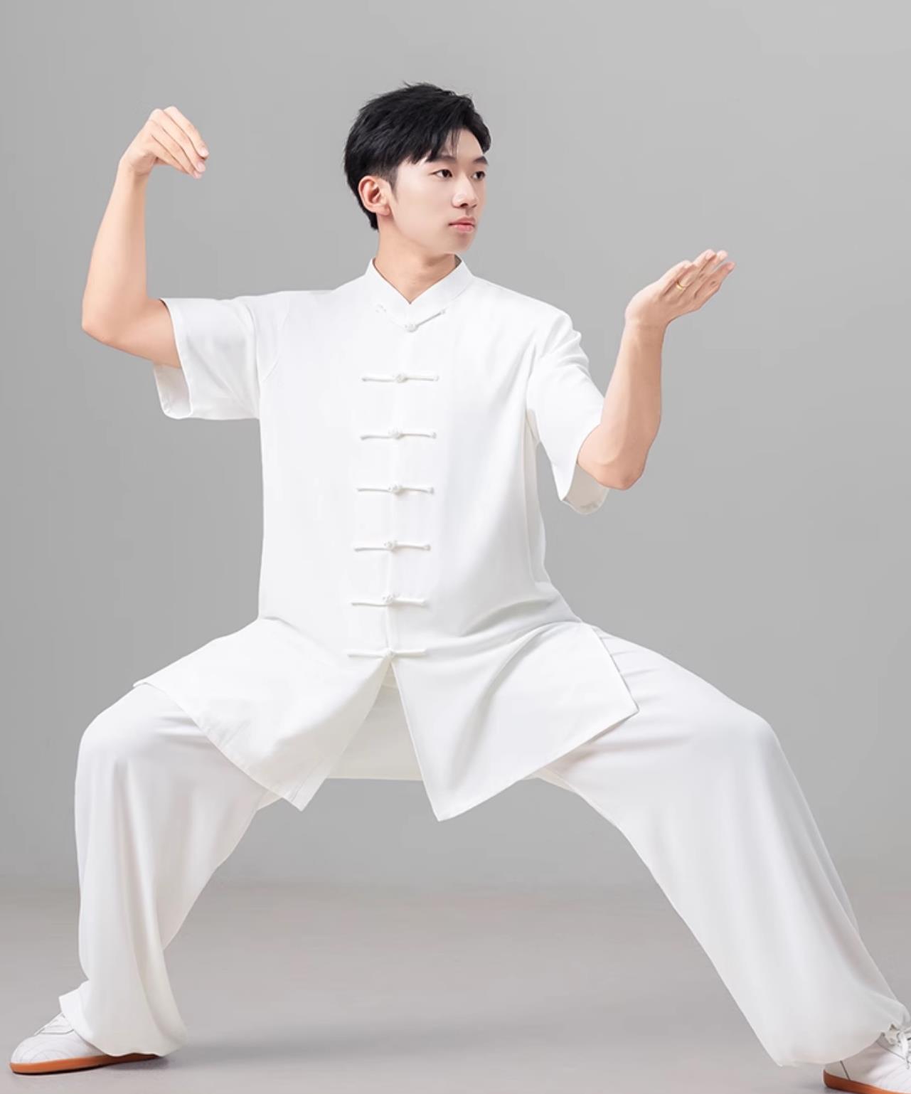 White Chinese Style Men Tai Chi Suit Summer Short Sleeve Tai Chi Ba Duan Jin Training Suit