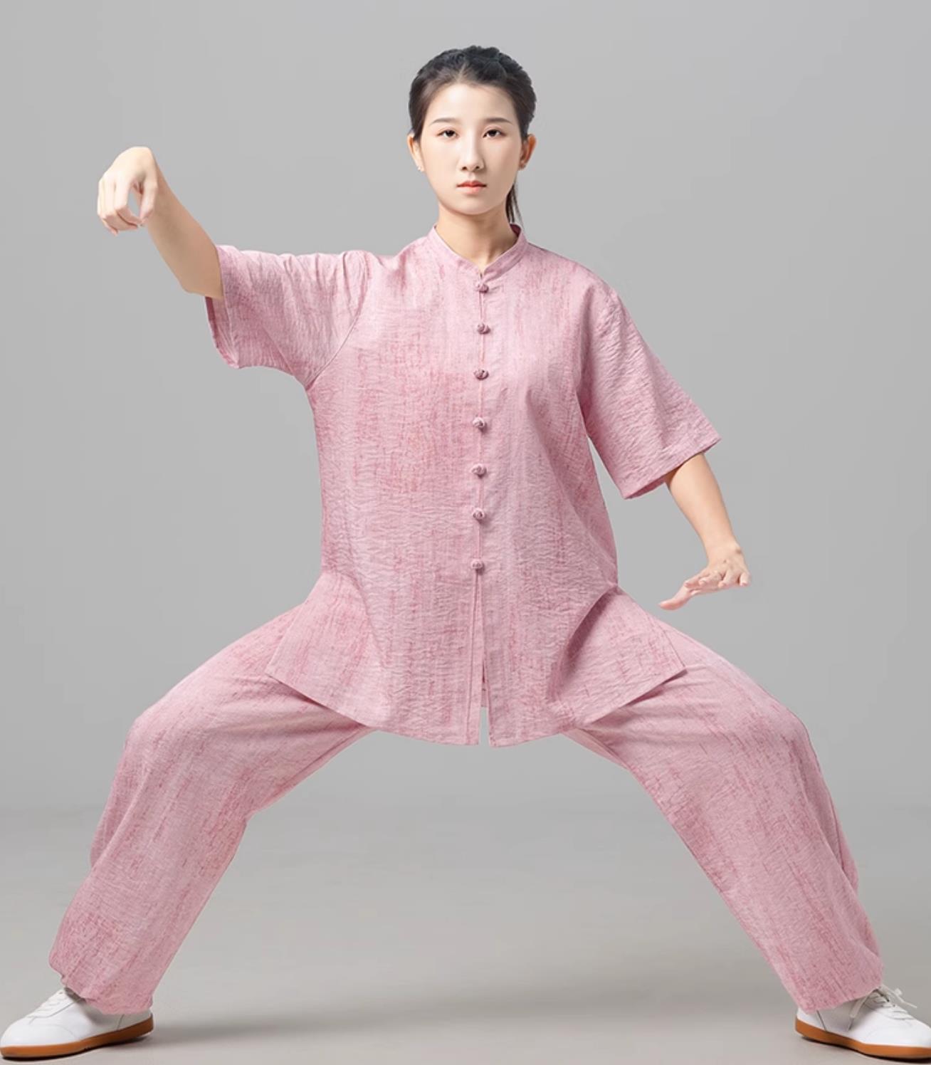 Pink Women Tai Chi Suit Short Sleeve Taiji Uniform Ba Duan Jin Training Outfit