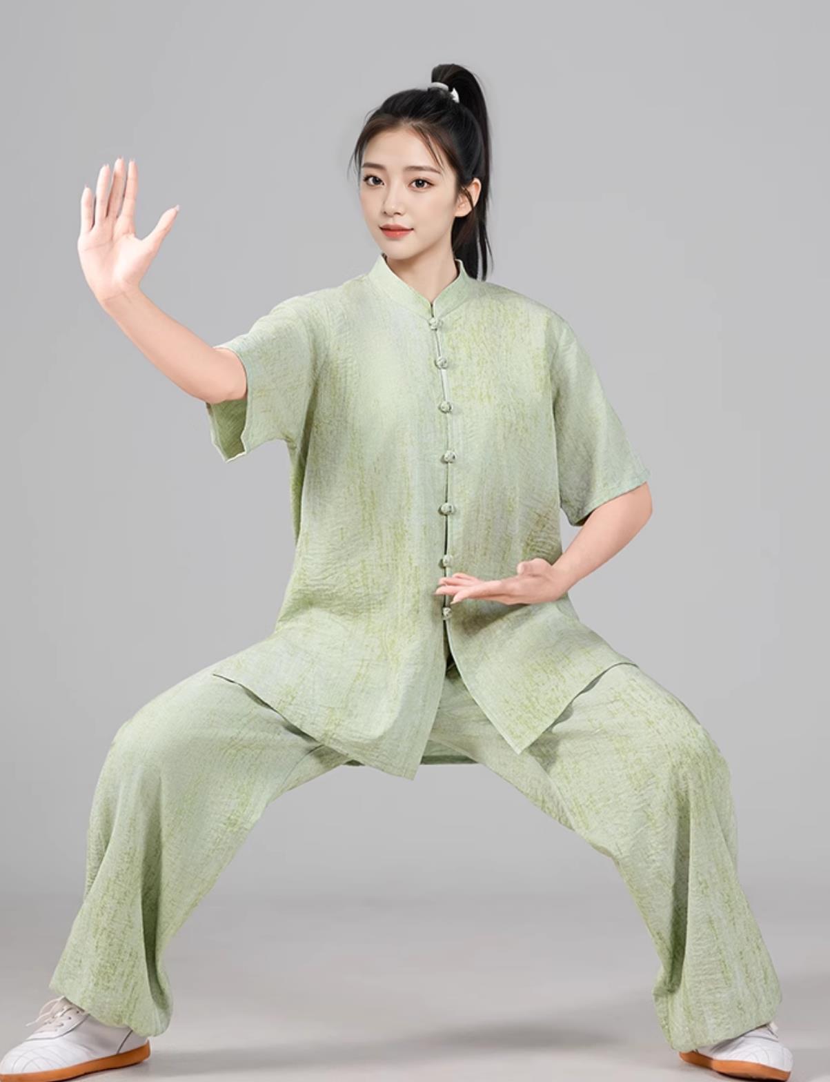 Green Women Tai Chi Suit Short Sleeve Taiji Uniform Ba Duan Jin Training Outfit