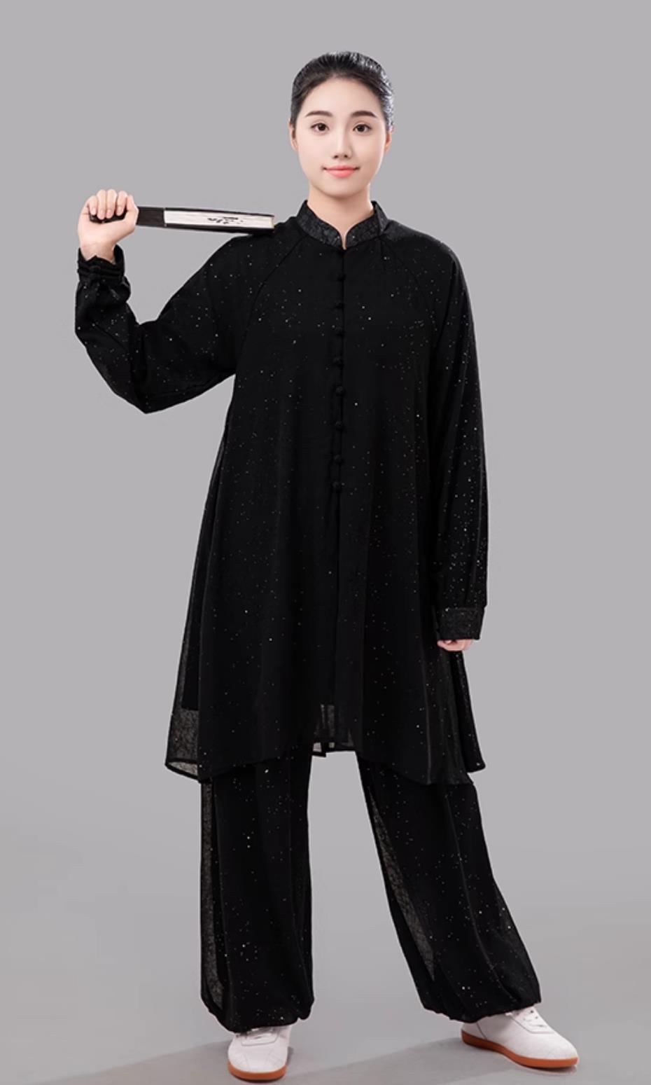 Black Summer Women Tai Chi Suit Long Sleeve Outfit Double Layer Silver Gauze Chinese Style Competition Performance Uniform