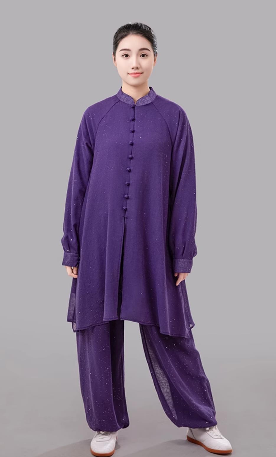 Purple Summer Women Tai Chi Suit Long Sleeve Outfit Double Layer Silver Gauze Chinese Style Competition Performance Uniform