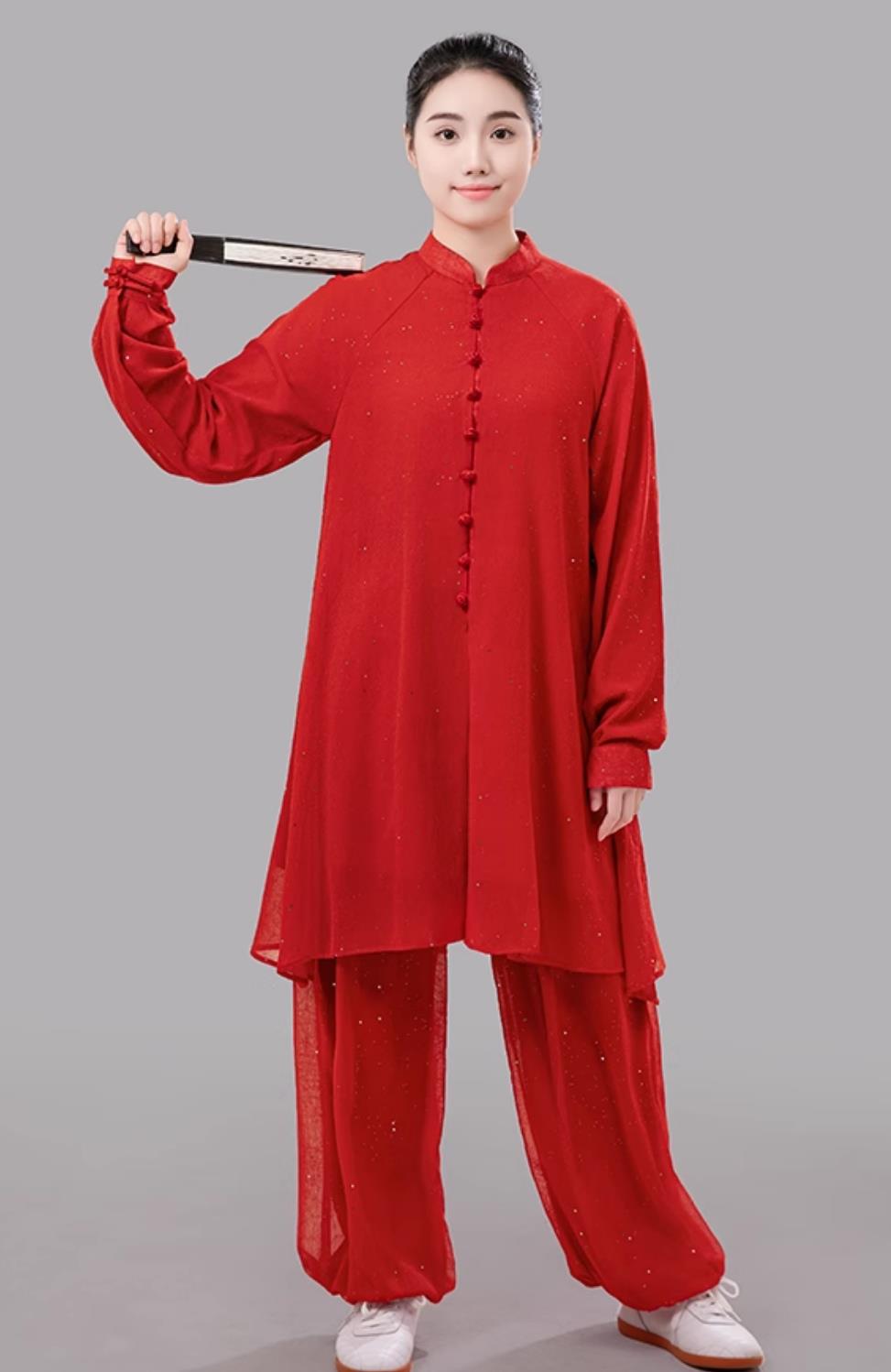 Red Summer Women Tai Chi Suit Long Sleeve Outfit Double Layer Silver Gauze Chinese Style Competition Performance Uniform