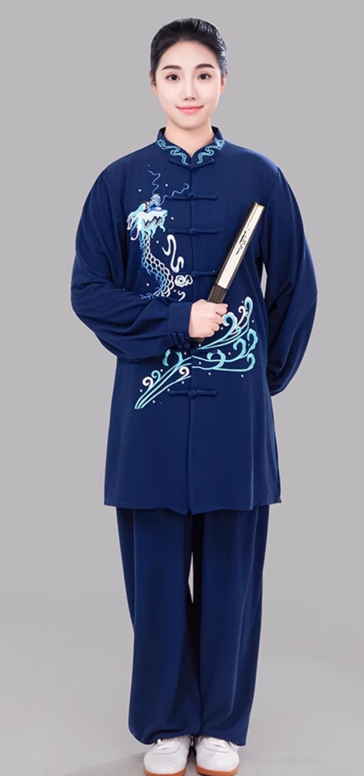 Navy Blue Tai Chi Suit Embroidered Dragon Taiji Competition Performance Training Suit Mid Long Uniform