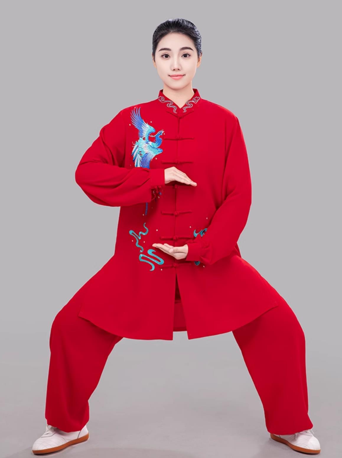 Red Phoenix Embroidered Women Tai Chi Suit Taiji Costume Ba Duan Jin Training Outfit